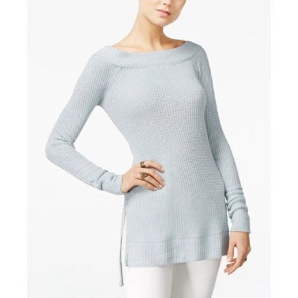 Free People Kate Thermal Waffle Tunic Sweater Off The Shoulder Top Sea Mist Sz S